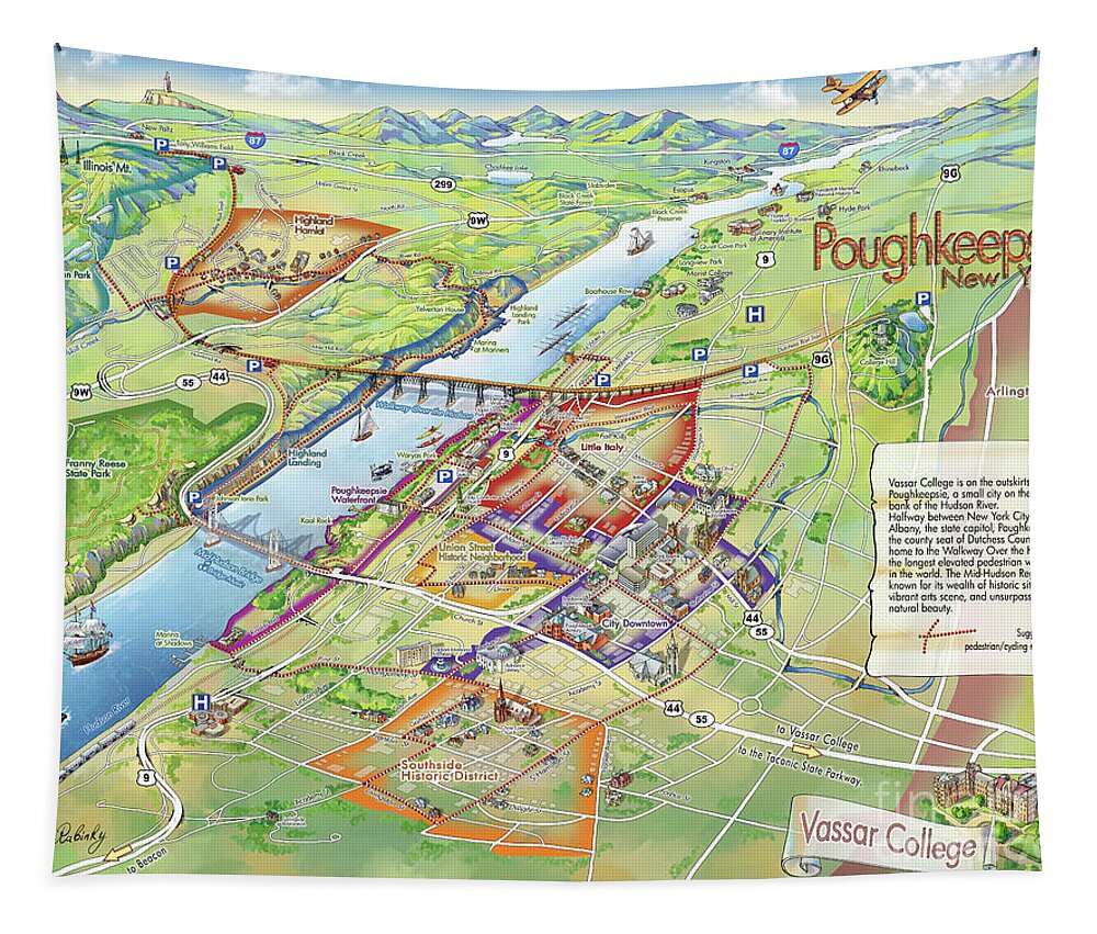 Vassar College Tapestry featuring the digital art Poughkeepsie and Vassar College Illustrated Map by Maria Rabinky