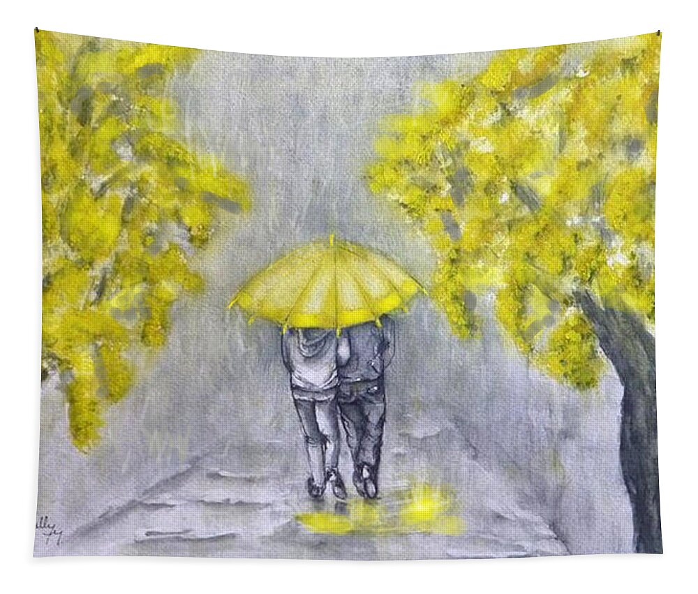Yellow Umbrella Tapestry featuring the painting Pouring Rain in Yellow by Kelly Mills