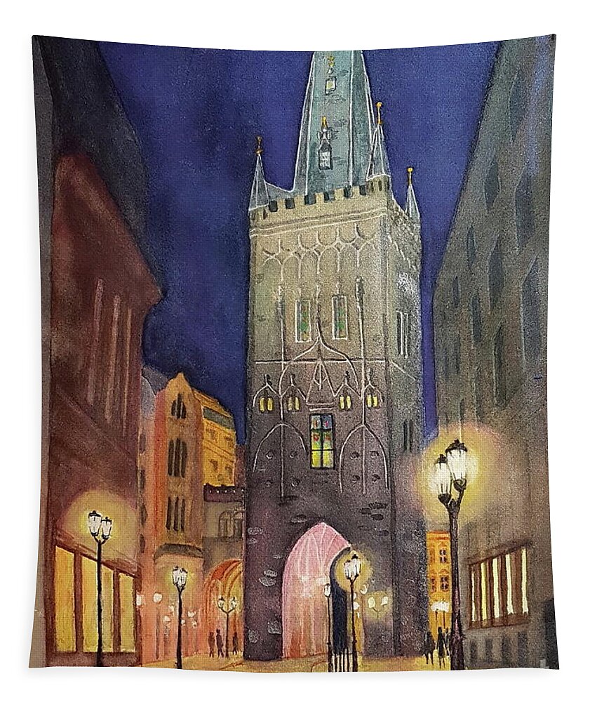 Prague Tapestry featuring the painting Powder Tower-Prague by Petra Burgmann