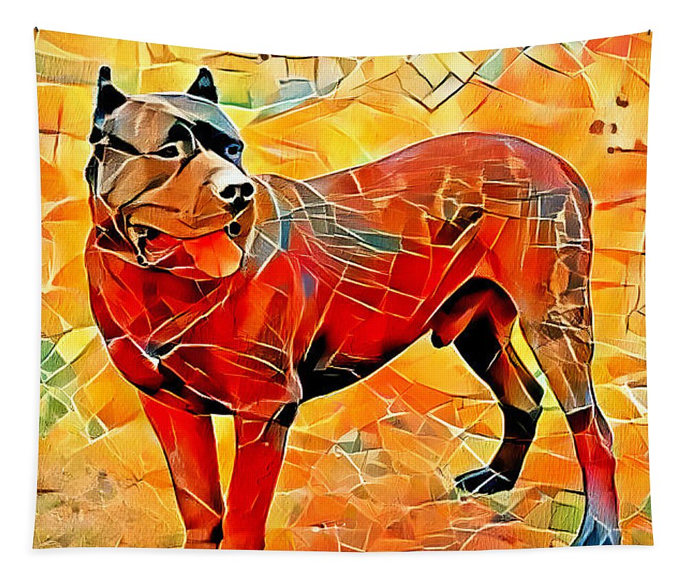 Presa Canario Tapestry featuring the digital art Presa Canario staying alert - warm colors irregular tiles mosaic effect by Nicko Prints