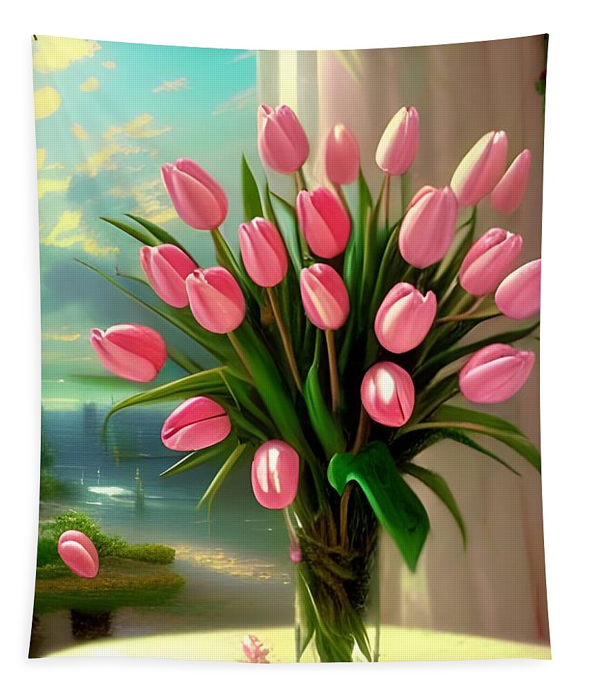 Floral Tapestry featuring the digital art Pretty Pink Tulips by Katrina Gunn