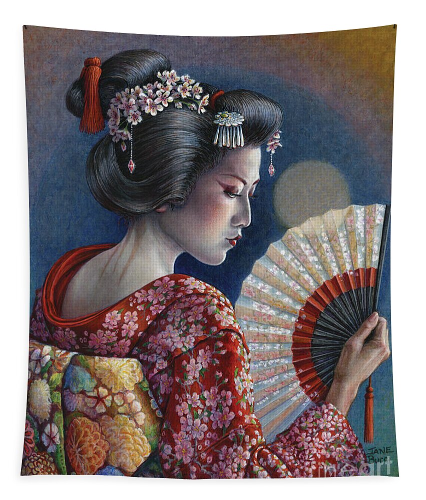 Woman Tapestry featuring the painting Gossamer Moon Geisha by Jane Bucci