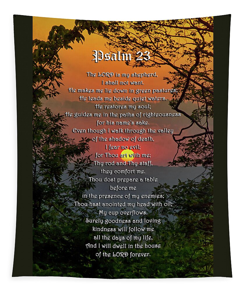 Psalm 23 Tapestry featuring the mixed media Psalm 23 Prayer Over Sunset Landscape by Christina Rollo