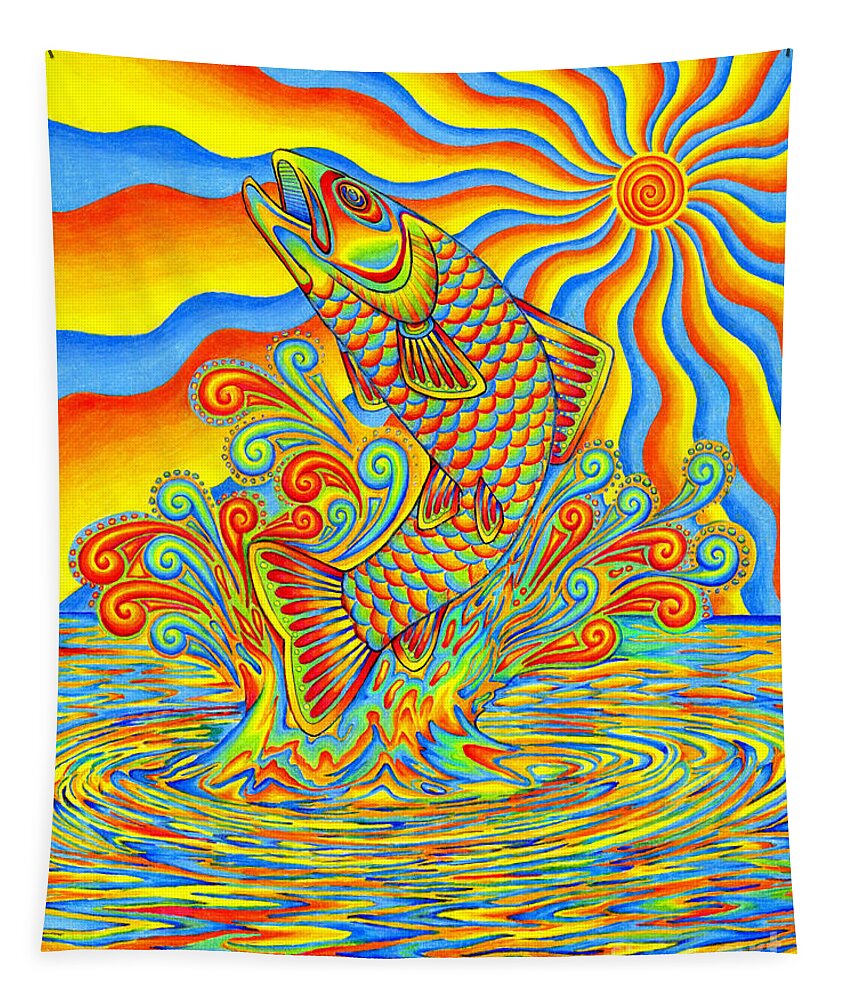 Psychedelic Tapestry featuring the drawing Psychedelic Rainbow Trout Fish by Rebecca Wang