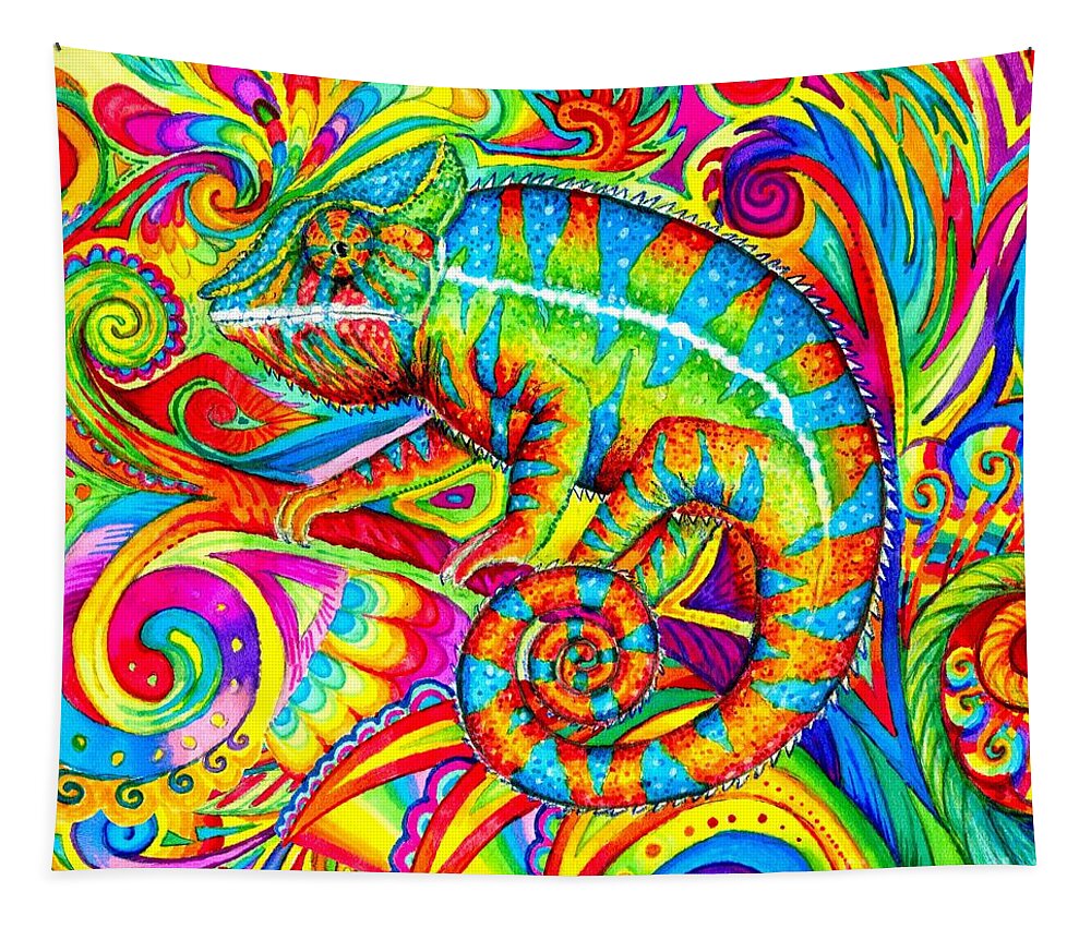 Chameleon Tapestry featuring the drawing Psychedelizard - Psychedelic Rainbow Chameleon by Rebecca Wang