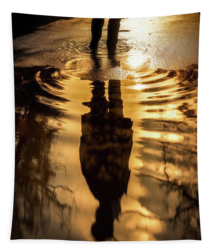 Reflection Tapestry featuring the digital art Puddle Reflection 01 Warm Golden City Light by Matthias Hauser