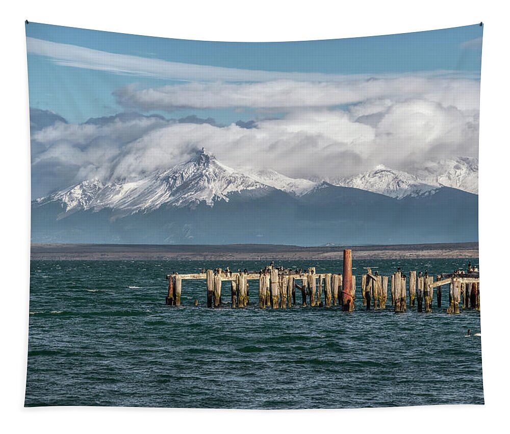Andes Tapestry featuring the photograph Puerto Natales Braun and Blanchard pier and White-breasted Cormorants by Henri Leduc