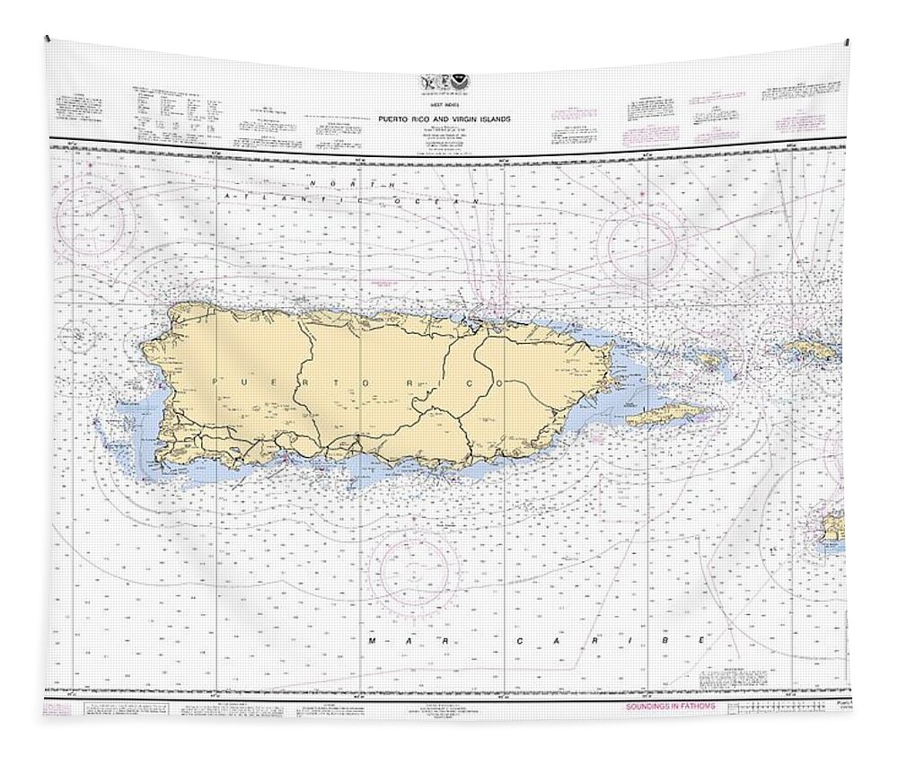 Puerto Rico And Virgin Islands Tapestry featuring the digital art Puerto Rico and Virgin Islands, NOAA Chart 25640 by Nautical Chartworks