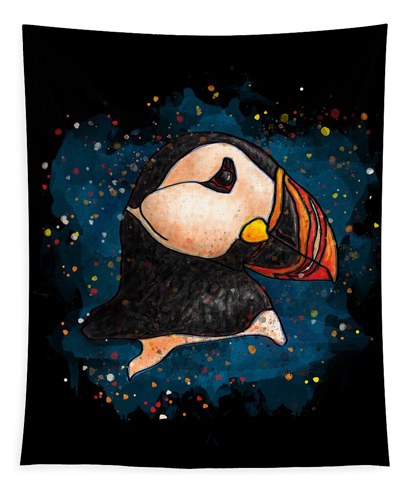Puffin Tapestry featuring the painting Puffin head on black background, Splatter art puffin by Nadia CHEVREL