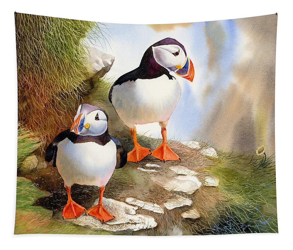 Puffins Tapestry featuring the painting Puffins by Espero Art