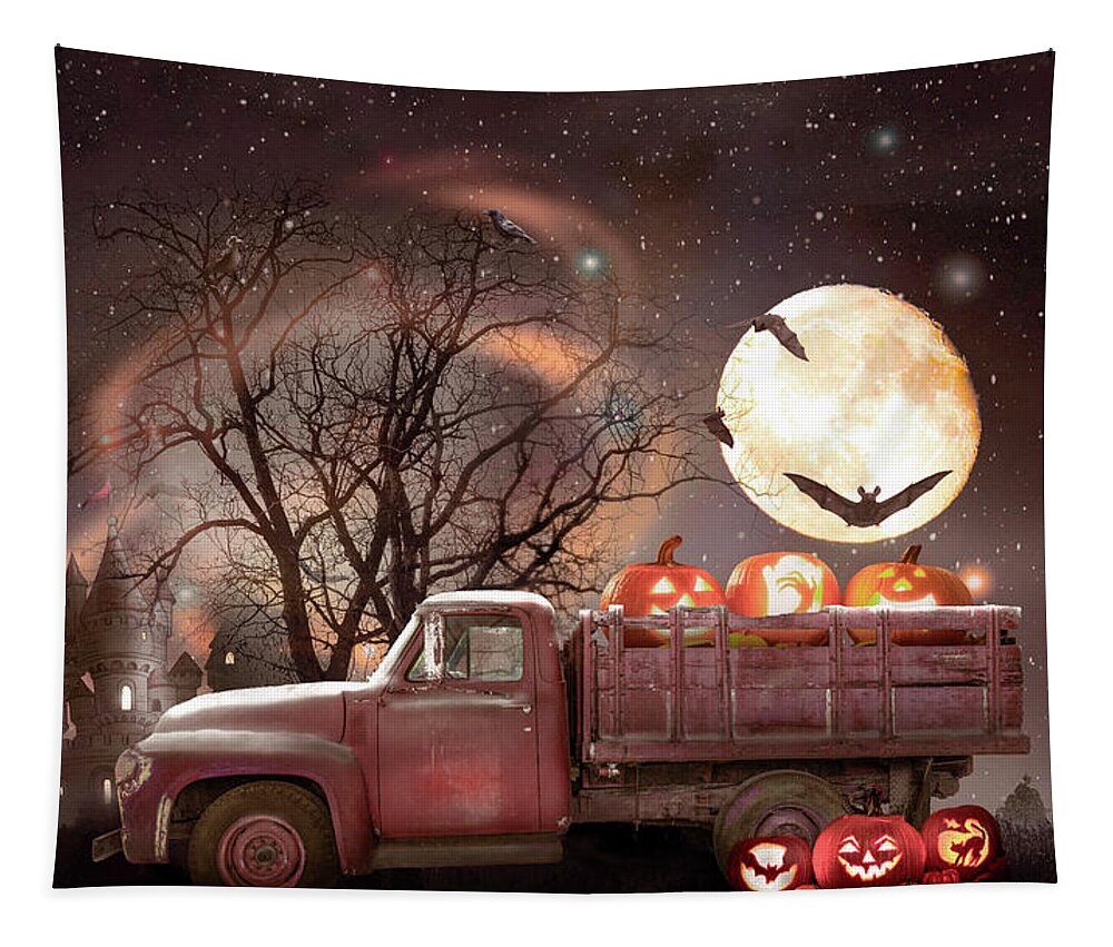 Truck Tapestry featuring the photograph Pumpkins under the Halloween Country Moon by Debra and Dave Vanderlaan