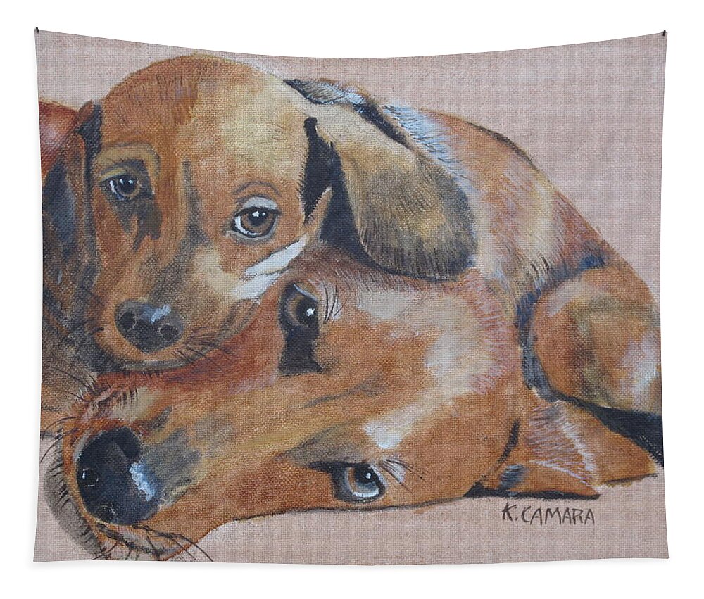 Pets Tapestry featuring the painting Puppies Cuddling by Kathie Camara