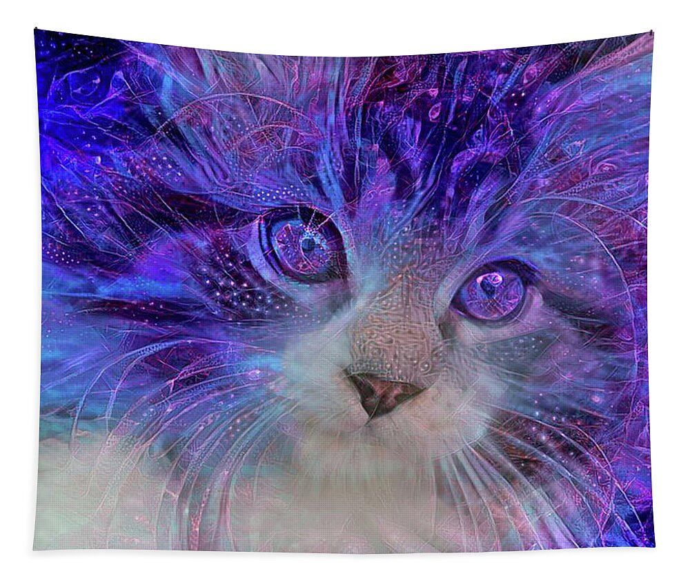 Blue Cats Tapestry featuring the mixed media Electric Blue Maine Coon Kitten by Peggy Collins