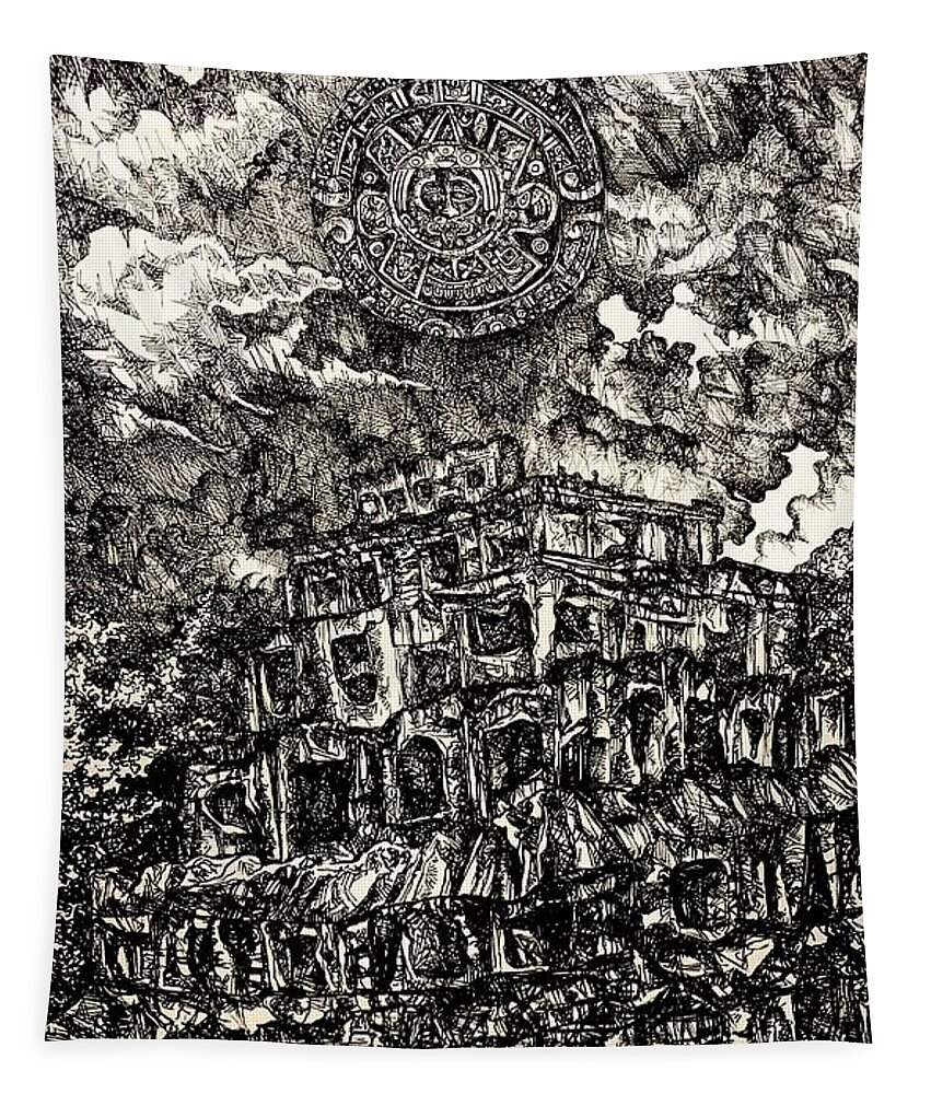 Pen And Ink Drawing Tapestry featuring the drawing Pyramid of the Seven Stories and The Fifth Sun by Angela Weddle