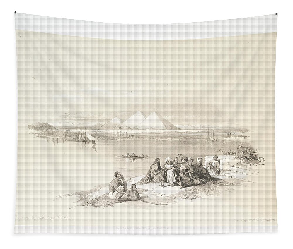 Pyramids Of Geezah Tapestry featuring the painting Pyramids of Geezah, from the Nile ca 1842 - 1849 by William Brockedon by Artistic Rifki