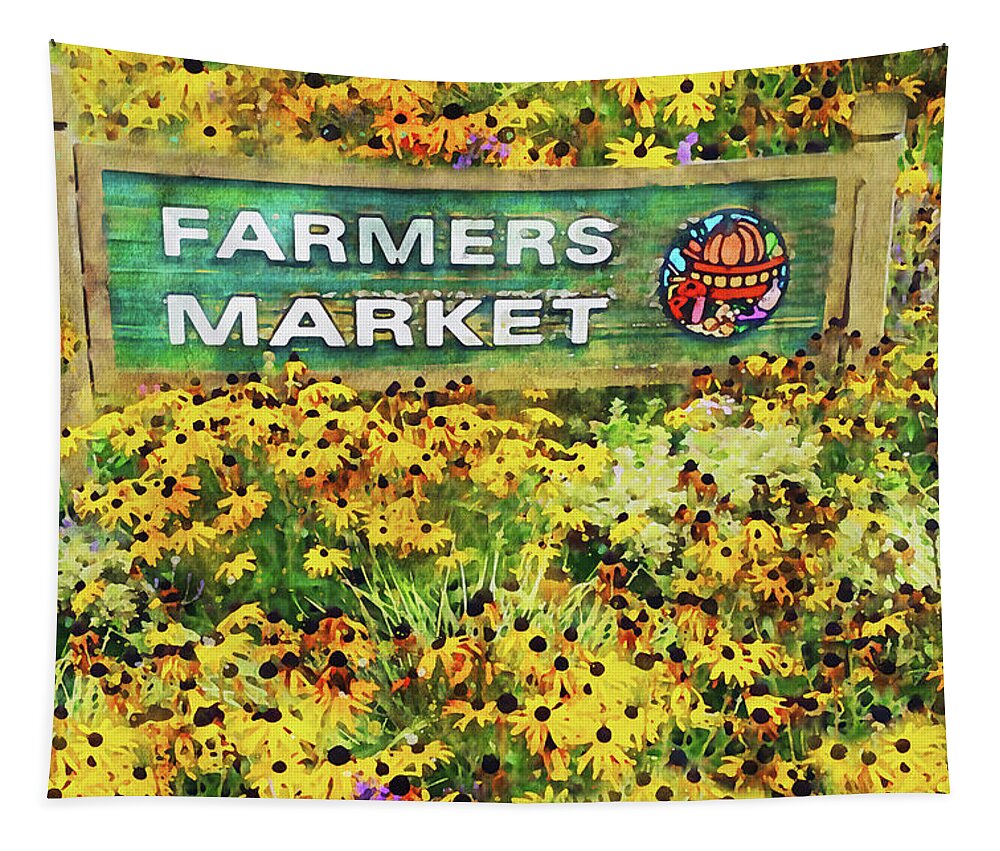 Farmers Market Tapestry featuring the mixed media Qualicum Beach Farmers Market by Peggy Collins