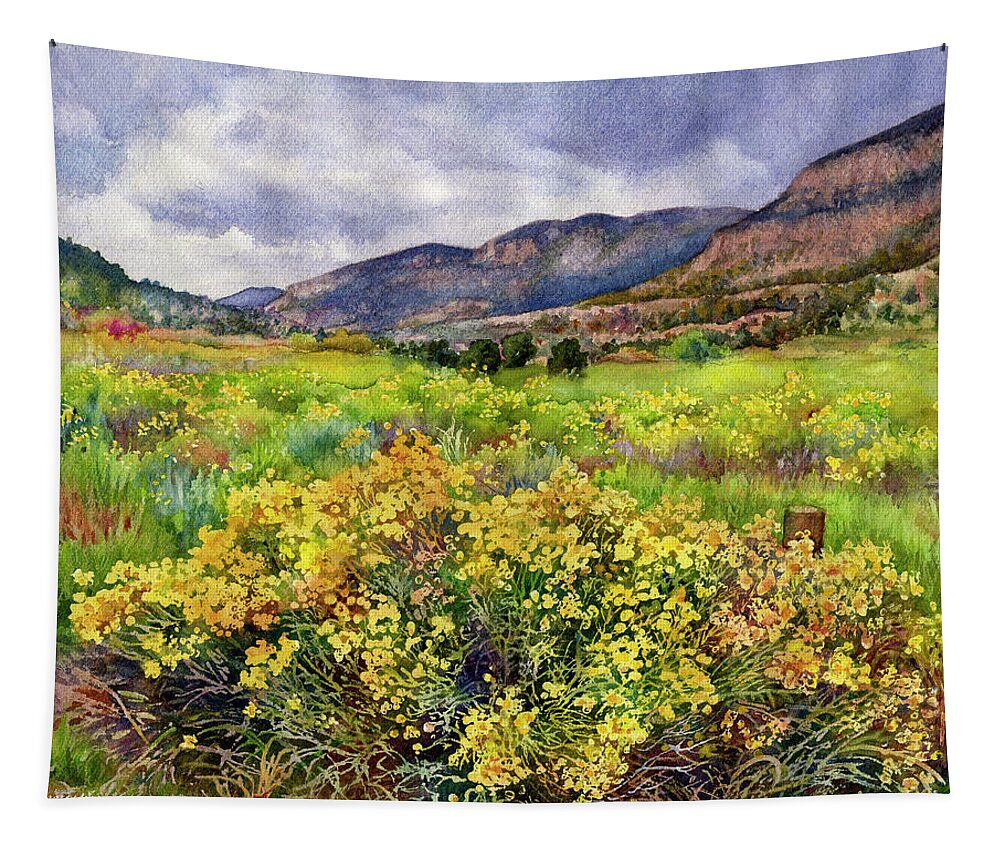 Rabbitbrush Painting Tapestry featuring the painting Rabbitbrush by the Rio Grande by Anne Gifford