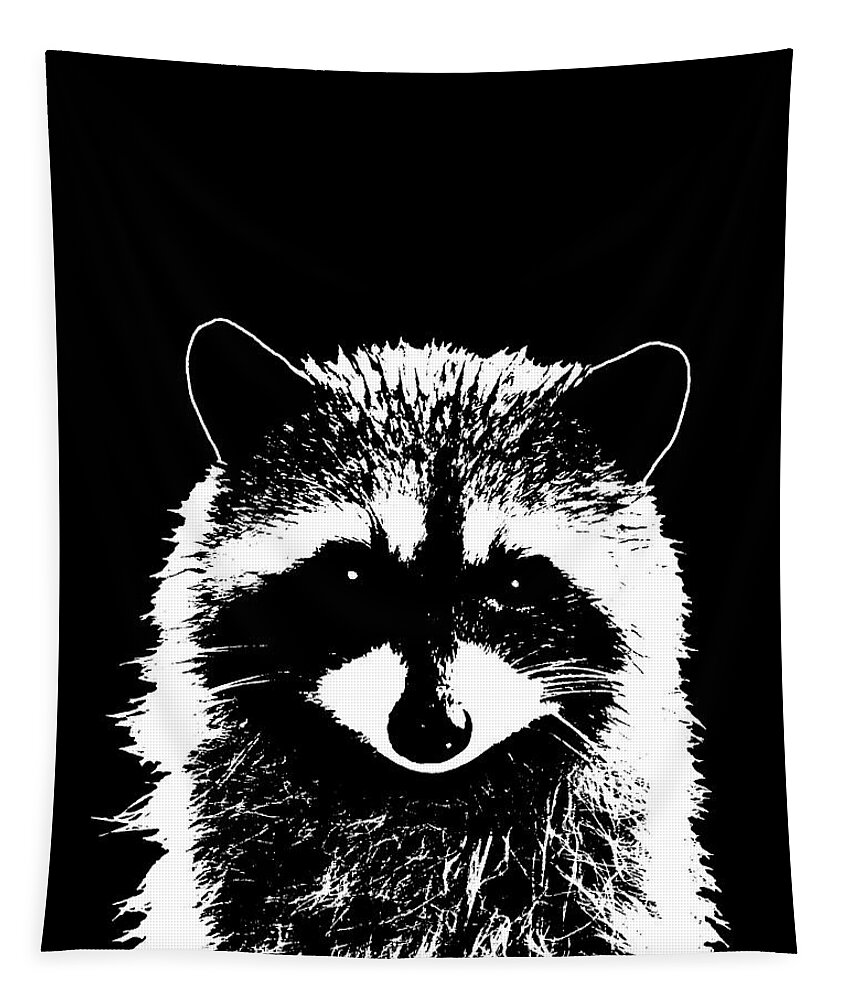 Raccoon Tapestry featuring the mixed media Raccoon 25 Black and white by Lucie Dumas