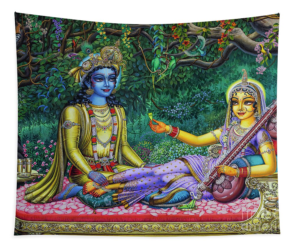 Krishna Tapestry featuring the painting Radha Krishna charan seva by Vrindavan Das