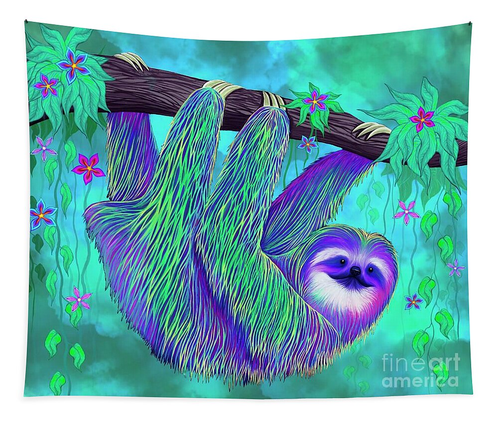 Sloth Tapestry featuring the digital art Rain Forest Flowers Sloth by Nick Gustafson