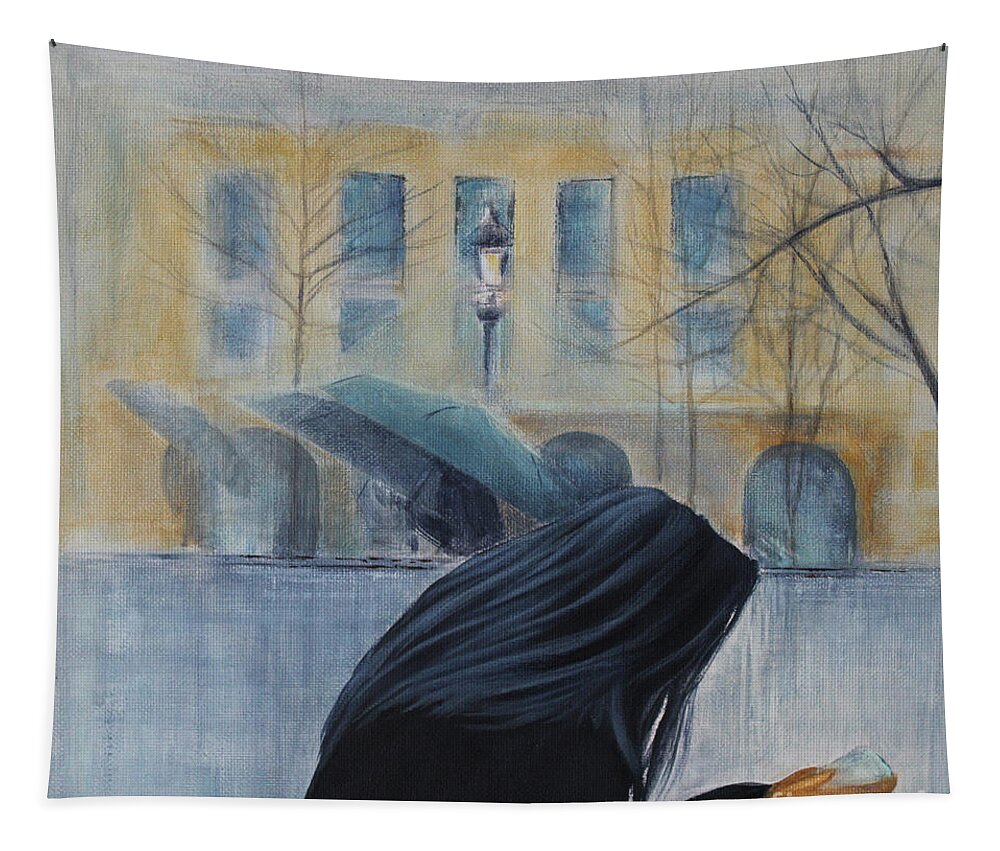 Rain In Paris Tapestry featuring the painting Rain In Paris by Jane See
