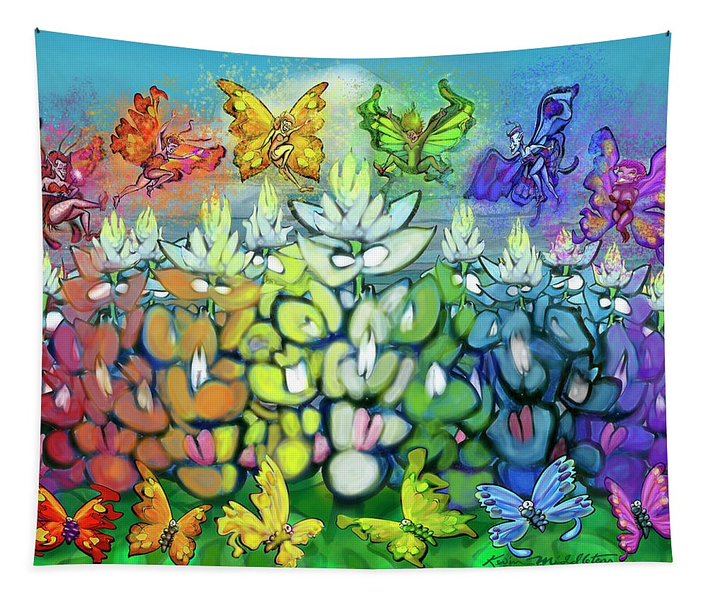 Rainbow Tapestry featuring the digital art Rainbow Bluebonnets Scene w Pixies by Kevin Middleton