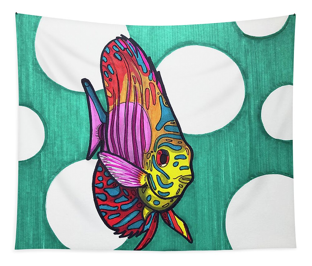 Discus Fish Tapestry featuring the drawing Rainbow Discus Fish by Creative Spirit