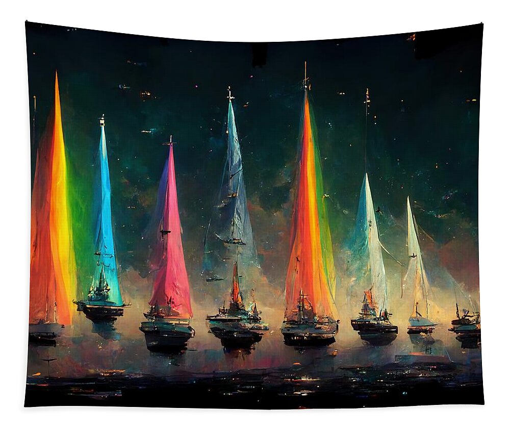 Sailing Tapestry featuring the digital art Rainbow Fleet by Nickleen Mosher