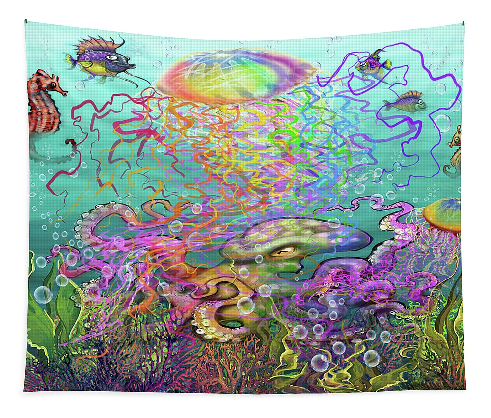 Rainbow Tapestry featuring the digital art Rainbow Jellyfish and Friends by Kevin Middleton