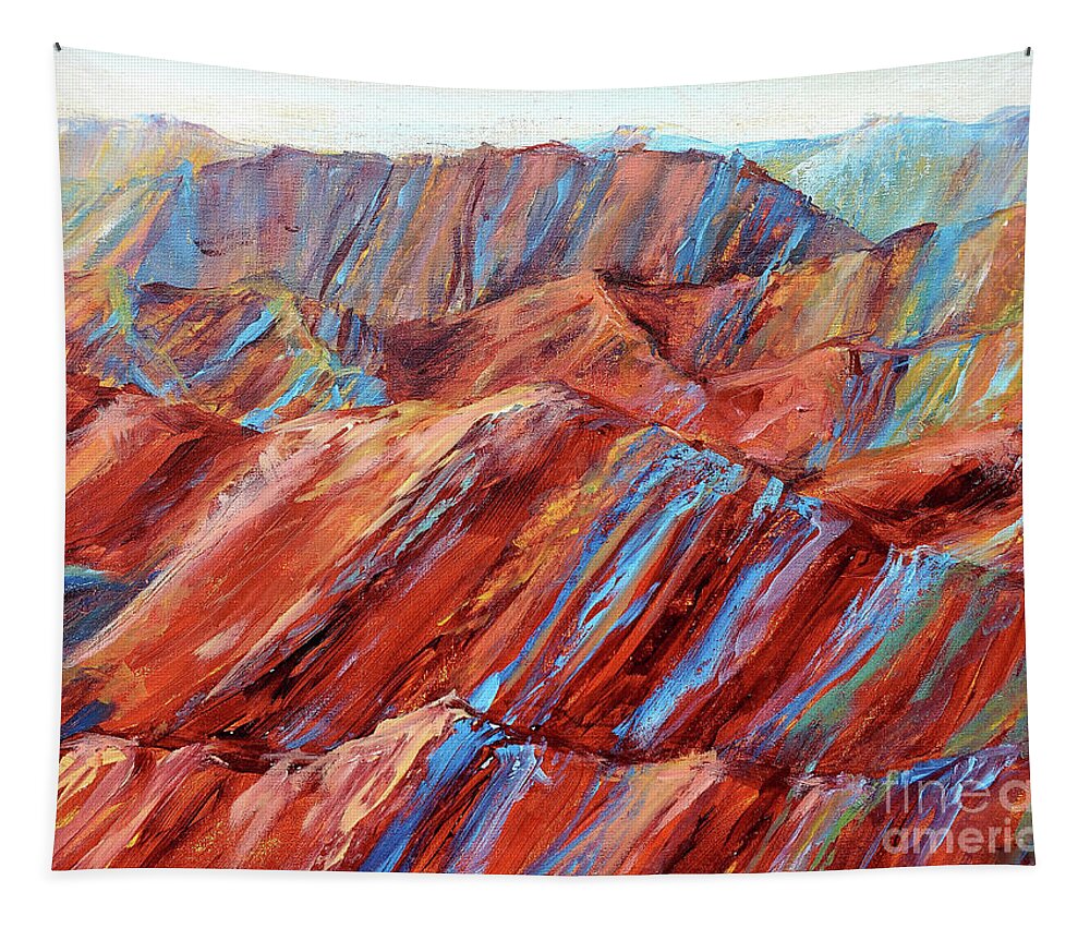Zhangye Danxia Geological Park Tapestry featuring the painting Rainbow Mountains by Zan Savage