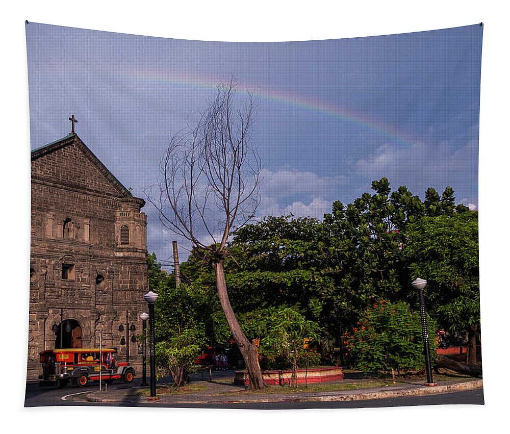 Rainbow Tapestry featuring the photograph Rainbow over Malate Church by Arj Munoz