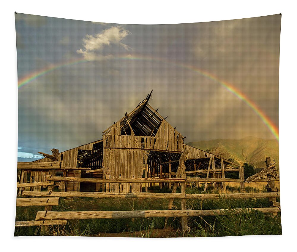 Barn Tapestry featuring the photograph Rainbow over Mapleton Barn by Wesley Aston