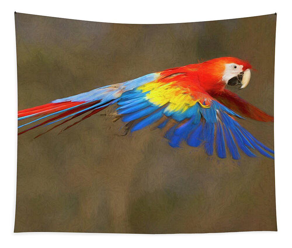 Bird Tapestry featuring the photograph Scarlet Macaw in Flight by Art Cole
