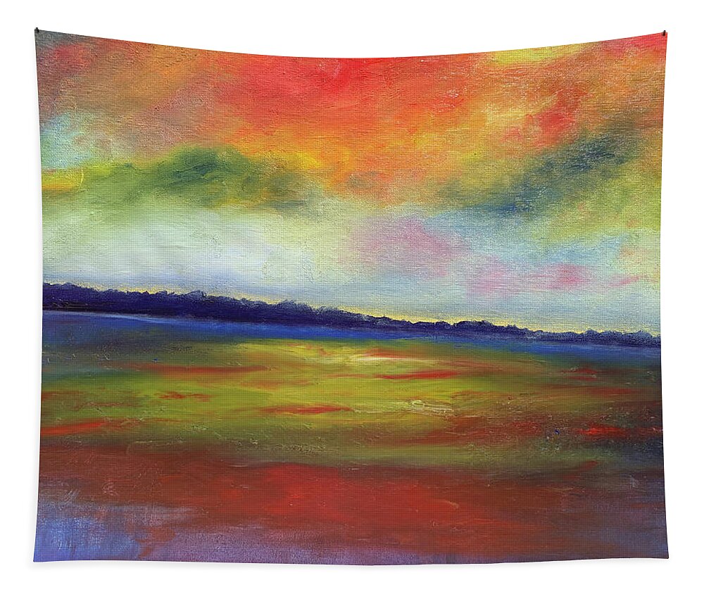 Rainbow Tapestry featuring the painting Rainbow Sunset Reflections on the Water by Susan Grunin