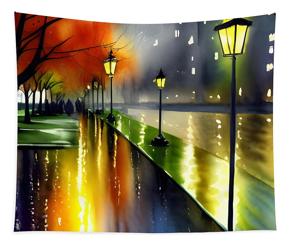 Cityscape Tapestry featuring the mixed media Rainy Night by Bonnie Bruno