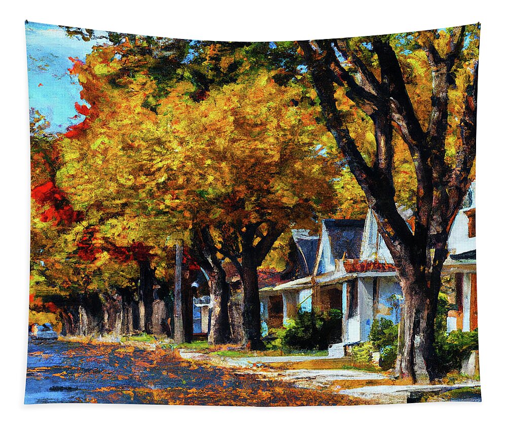 Row Of Houses Tapestry featuring the digital art Rainy October Day by Alison Frank