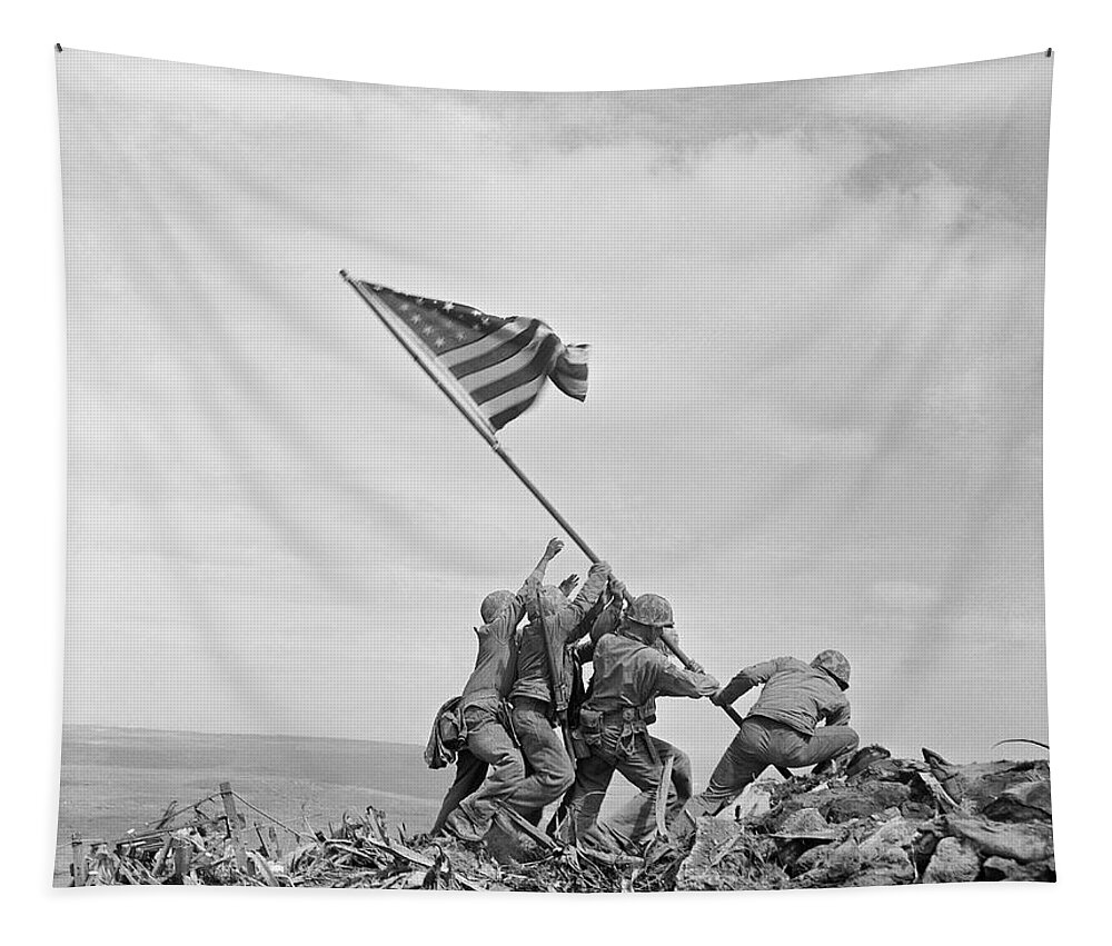 #faatoppicks Tapestry featuring the photograph Raising the Flag on Iwo Jima - WW2 - 1945 by War Is Hell Store