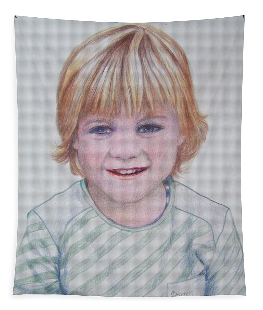 Boy Tapestry featuring the drawing Ready for the First School Photo. by Constance DRESCHER
