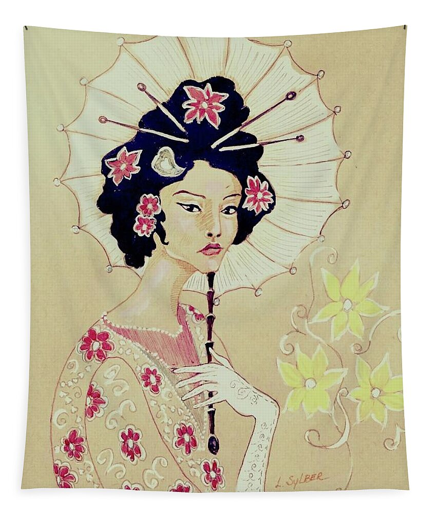 Geisha Tapestry featuring the drawing Real beauty by Lana Sylber