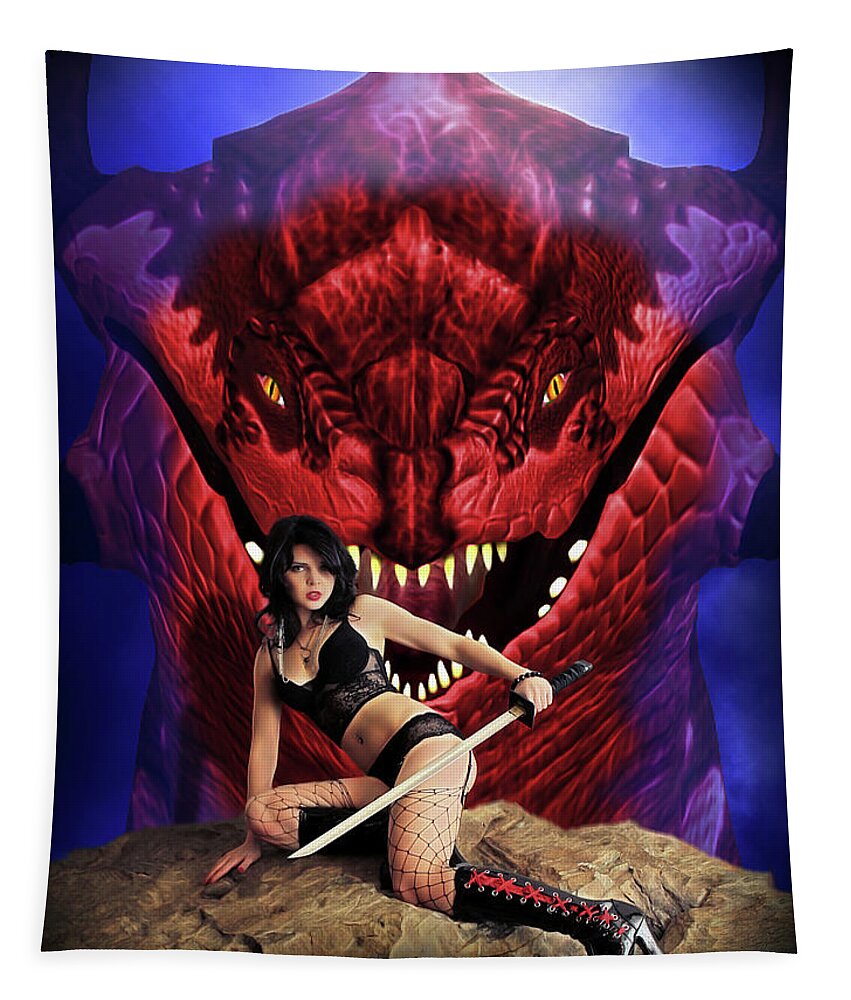 Rebel Tapestry featuring the pyrography Rebel With Dragon by Jon Volden