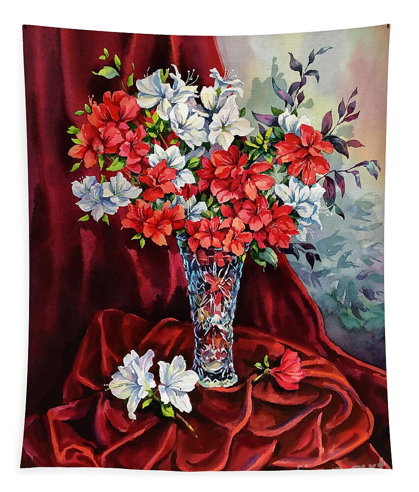 Still Life Tapestry featuring the painting Red and White Azaleas by Maria Rabinky