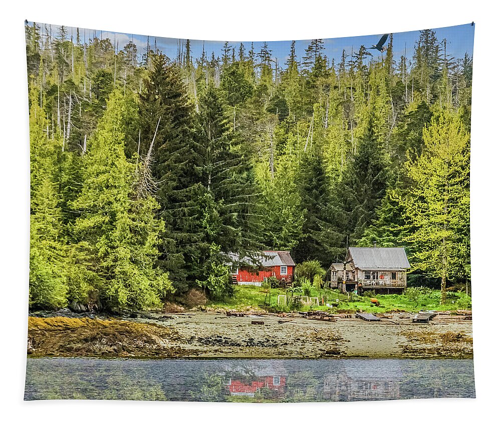 Alaska Tapestry featuring the photograph Red and White Cabins on Alaska Shore by Darryl Brooks