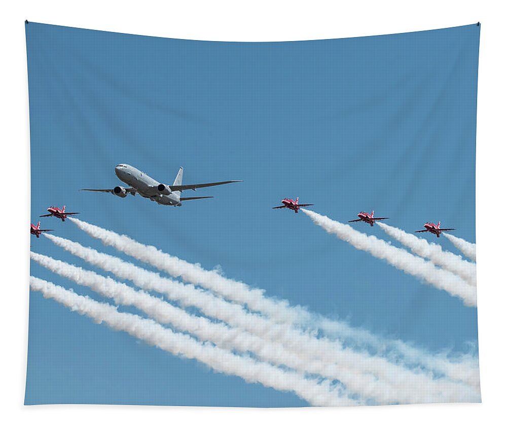 Red Arrows Tapestry featuring the photograph Red Arrows and P8 Poseidon by Airpower Art