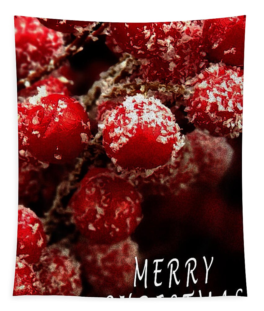 Red Berries Covered Snow Christmas Card Tapestry featuring the photograph Red Berries Covered in Snow Christmas Card by David Morehead
