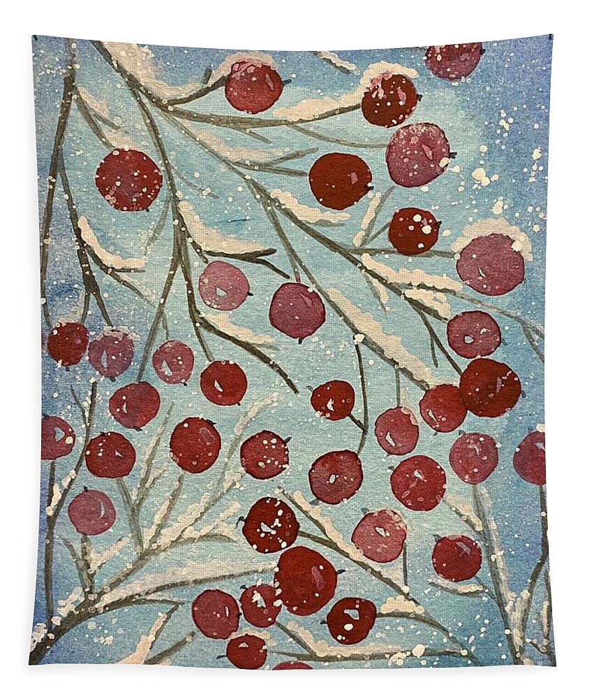 Red Berries Tapestry featuring the painting Red Berries in Snow by Lisa Neuman