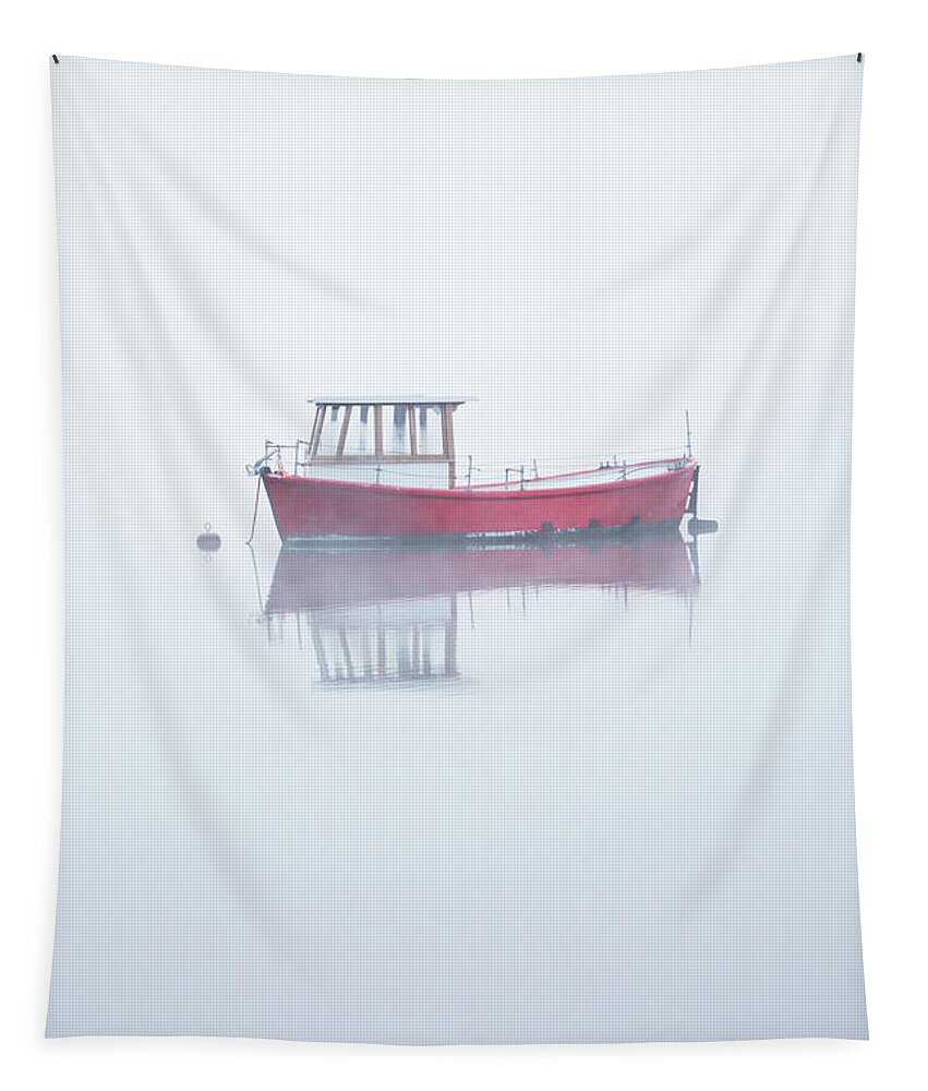 Red Boat Tapestry featuring the photograph Red Boat in the Mist, Coniston Water by Anita Nicholson
