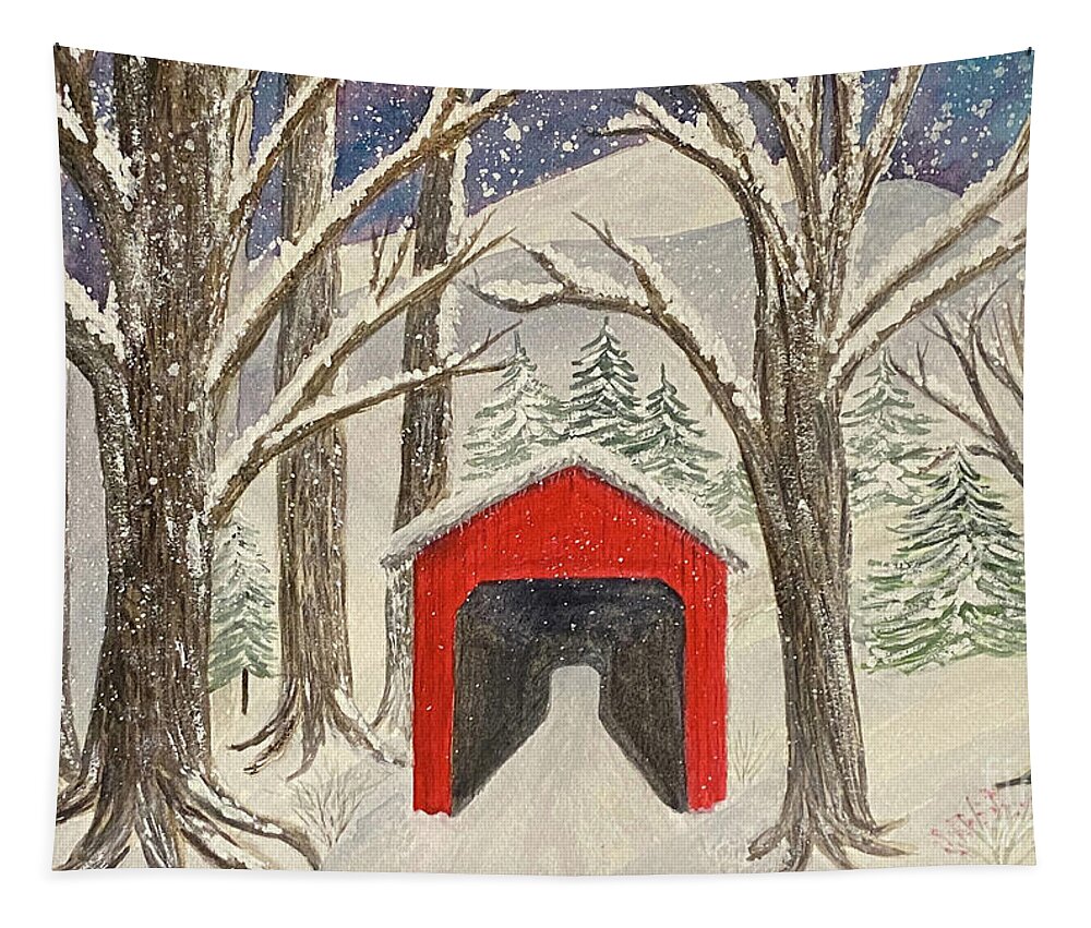 Covered Bridge Tapestry featuring the painting Red Bridge in the Snow by Lisa Neuman