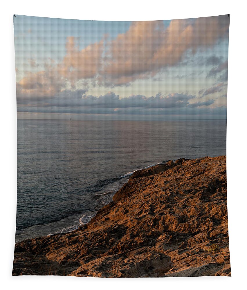 Mediterranean Sea Tapestry featuring the photograph Red-brown rocks and pink clouds on the Mediterranean Sea by Adriana Mueller