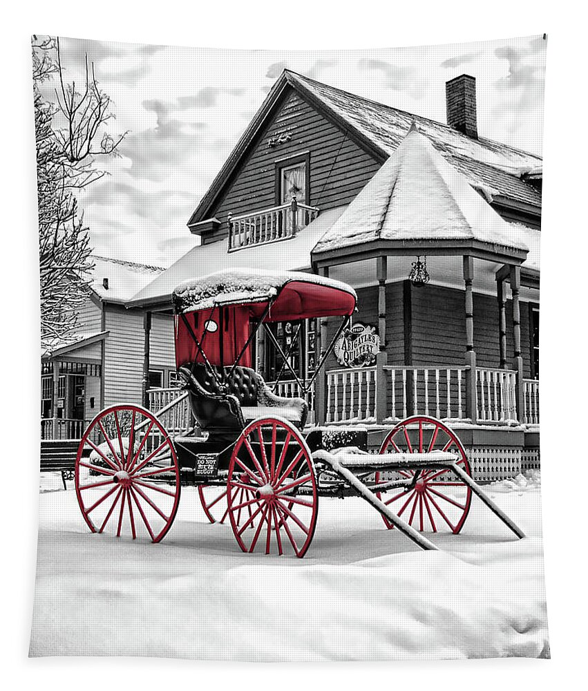 Horse Drawn Carriage Tapestry featuring the photograph Red Buggy At Olmsted Falls - 2 by Mark Madere