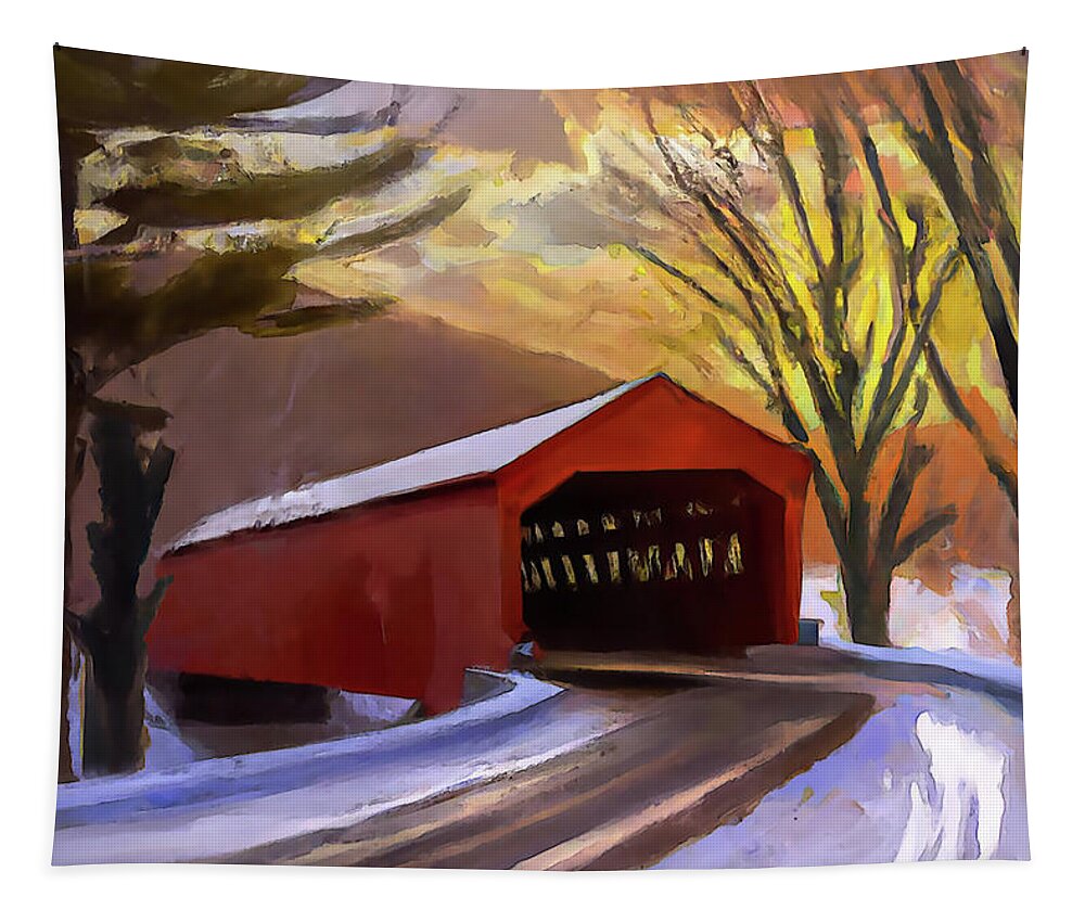 Covered Bridge Tapestry featuring the digital art Red Covered Bridge in the Winter by Alison Frank